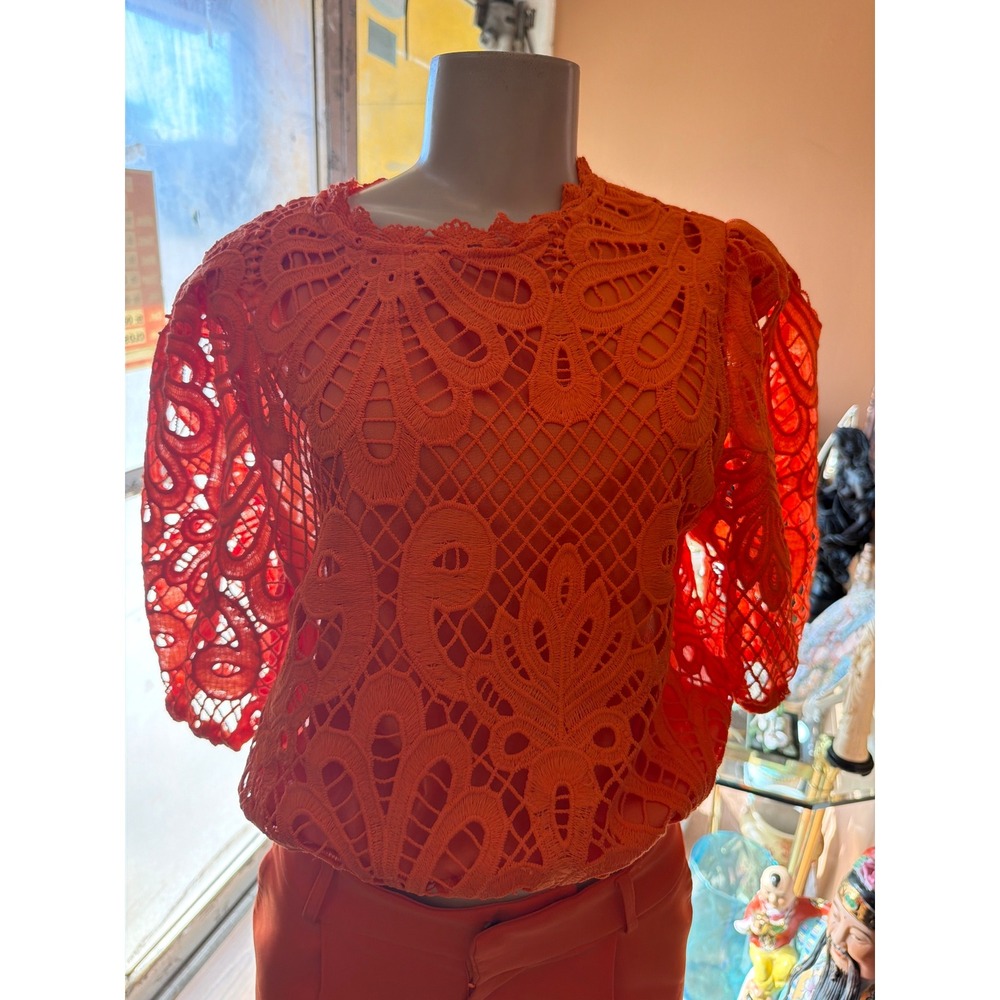 Golden Days Paris Orange Guipure Lace Puff Sleeve Top High Neck Blouse Womens